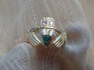 Mens 14k Yellow Gold Irish Claddagh Diamond Emerald Ring