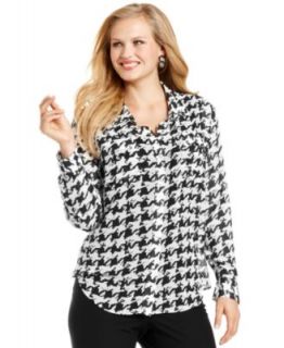 INC International Concepts Plus Size Top, Long Sleeve Houndstooth
