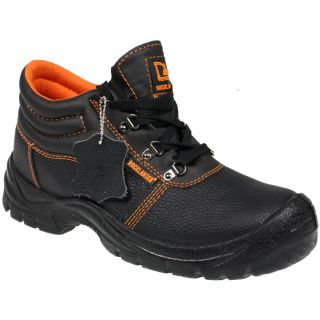 MENS STEEL TOE CAP MIDSOLE SAFETY WORK BLACK LEATHER SHOES BOOTS