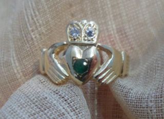 Mens 14k Yellow Gold Irish Claddagh Diamond Emerald Ring