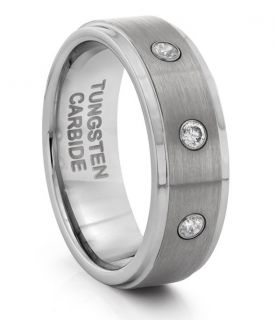 Tungsten Mens Brushed Polished Silver Diamond Wedding Band Ring