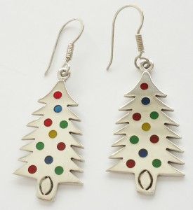 TAXCO, Mexico STERLING SILVER Christmas Tree Dangle Earrings w/ Enamel