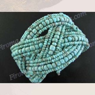 Turquoise Beads Braided Memory Wire Cuff Bracelet