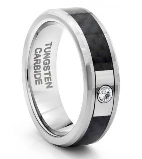 8mm Tungsten Diamond Mens Wedding Band Ring w Black Carbon Fiber Inlay