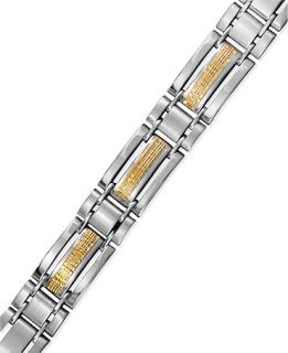 Mens Stainless Steel and 14k Gold Bracelet, Mesh Inlay Bracelet