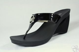 Michael Kors Warren Black Patent Logo Sandals Thongs Wedge Womens