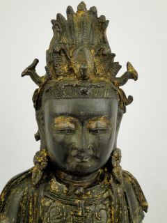 Antique Chinese Ming Dynasty Gilt Bronze Guanyin Buddha Holding Baby