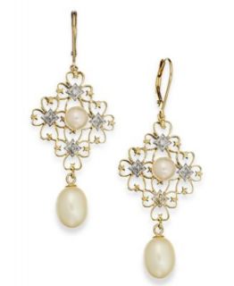 14k Gold Earrings, Cultured Freshwater Pearl (6 9mm) and Diamond (1/3