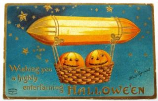 Vintage Halloween Postcard Pumpkin In Balloon / Blimp Ellen Clapsaddle