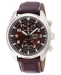 Seiko Watch, Mens Chronograph Brown Leather Strap 43mm SNN241   All