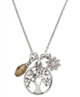 Fossil Necklace, Silver tone Pave Crystal Sparrow and Heart Pendant