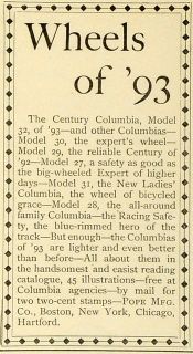1893 Ad Wheels of 93 Century Columbia Tire Bicycle Model 32 Pope