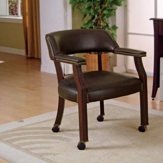 Traditional Side Chair Upholstered Vinyl Nailhead with Wheels Burgundy