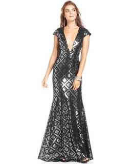 BCBGMAXAZRIA Dress, Cap Sleeve Sequin V Neck Gown