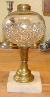 Antique Pressed Glass Oil Lamp Heart Stars Font Marble Base