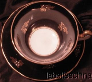 Adderley Teacup and Saucer Black with Gold Gilt Design and White
