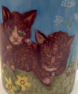 Hand Painted Cats Kittens Flowers Blue Sky Ceramic Coffee Cup Mug