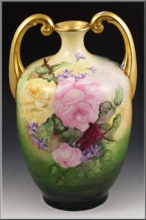 Superb Jean Pouyat Limoges Porcelain Muscle Vase w Roses