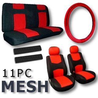 11pc Red Black Mesh Seat Covers Steering Wheel Cover Interior Set CS1