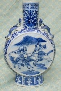 Antique Chinese Blue White Moon Flask Vase Warriors