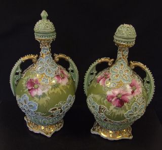 Pair Japanese Noritake Nippon Moriage Ware Twin Handled Vases