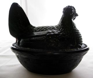 Atterbury 5 Black Hen on Nest Glass Covered Dish c1890 Basketweave