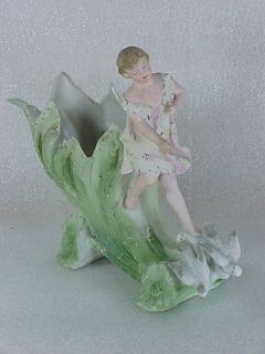 Antique German Porcelain Bisque Figural Vase Girl Riding Flower Cart