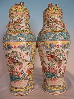 Fantastic Pair of Chinese Polychrome Lidded Vases