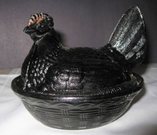 Atterbury 5 Black Hen on Nest Glass Covered Dish c1890 Basketweave