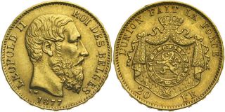 C101 Königreich Belgien 20 Francs Gold 1877 Leopold II. 1865 1909