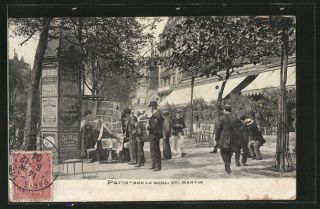 schöne AK Paris, sur le Boul St. Martin, Litfaßsäule 1904