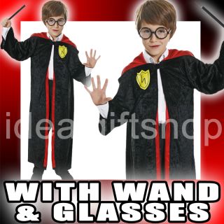 CHILDRENS WIZARD BOY HALLOWEEN BLACK VELOUR ROBE GLASSES & WAND FANCY