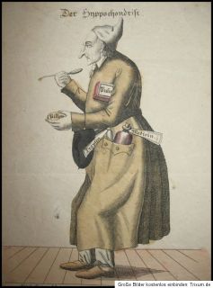 c1840 Hypochondrie Hypochonder Hyperchondriac Medizin Karikatur Kolor