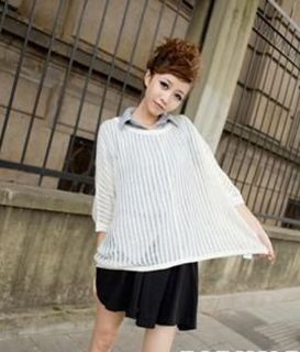 DHTU08 Korea Stylish Batwing Sweater Openwork Knit Loose Top White