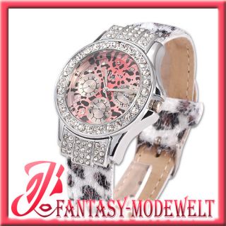 Neu Luxus Damen Leopard Quarz Analog Leder Armband Uhr + Strass womens