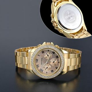 Ladies Girls New Shining Bling Crystal Stone Decorated Big Dial Gold