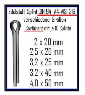 Edelstahl Splinte V4A A4 AISI 316 DIN 94 Splint versch.Größen