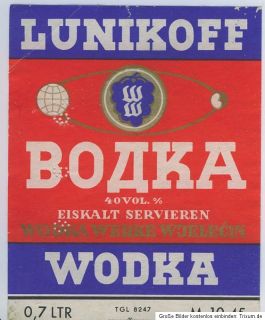 altes Etikett aus DDR Zeiten   LUNIKOFF WODKA