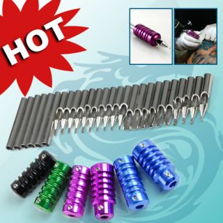 31 pcs kit STAINLESS STEEL TATTOO 6 GRIPS TUBES SLEEVES Tips Nozzle