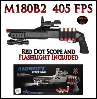 M180B2 Pump Action Airsoft Shotgun 405FPS w Red Dot Flashlight Shells
