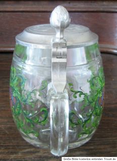 Krug Bierkrug Sammelkrug Glas mit Deckel Dachdecker Zimmermann Dekor