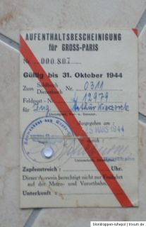 Aufenthaltsbescheinigung für Gross Paris März Okt.1944,Stempel