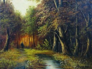 Riesen Gemälde 122 x 95 cm Unleserlich Signiert Jäger im Wald Öl