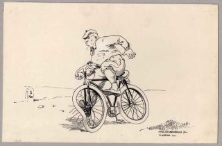 Stubenrauch Zeichnung 1901 Karikatur Radfahren Fahrrad Panne Dicker