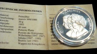 Silber 999 Niederlande ECU Portraits d Koeniginnen 1993 PP Zertifikat
