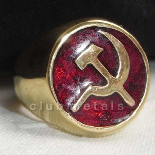 SOVIET RUSSIAN COMMUNIST HAMMER & SICKLE MENS BRONZE RING Ruby Red