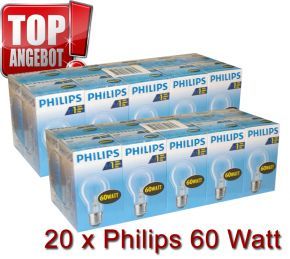 20 x Philips Glühbirne 60W 60 Watt klar E27 Glühbirnen Glühlampe