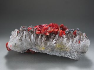 Red and lustrous crystals ofrealgar on a field of sharp, lustrous