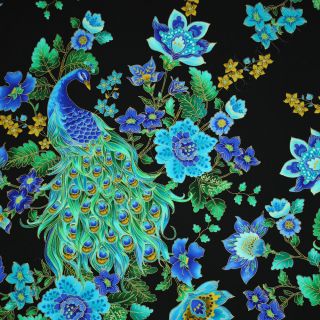 Timeless Treasures Plume Beautiful Peacock Black Cotton Quilt Fabric