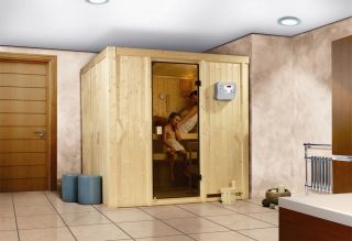 Karibu Sauna Aktionsset Tromsoe komplett mit 8kW Ofen Lampe Kabel uvm